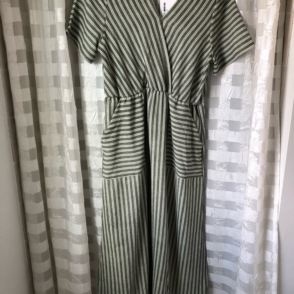 Olive green dress with cream stripes.